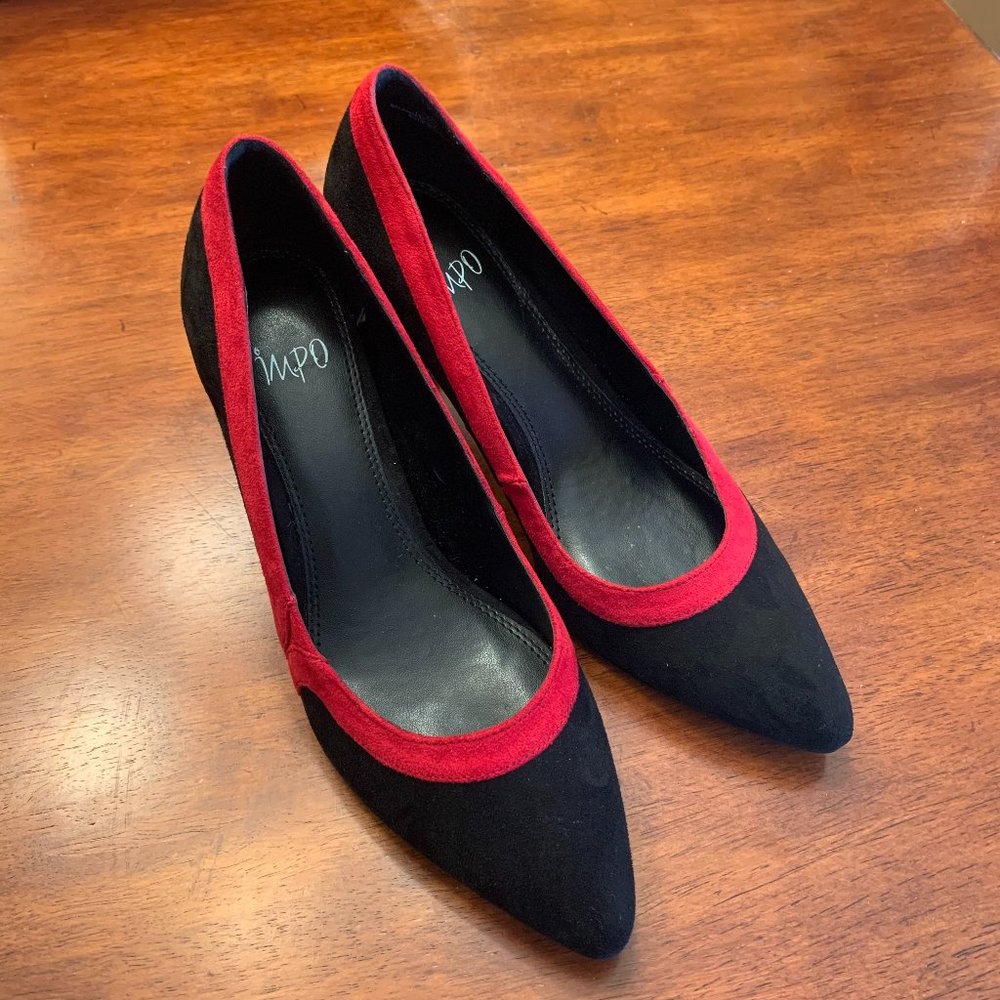 IMPO Valiant Black & Scarlet Red Suede Heels